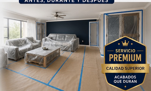 Sala con muebles y pisos cubiertos antes de pintar