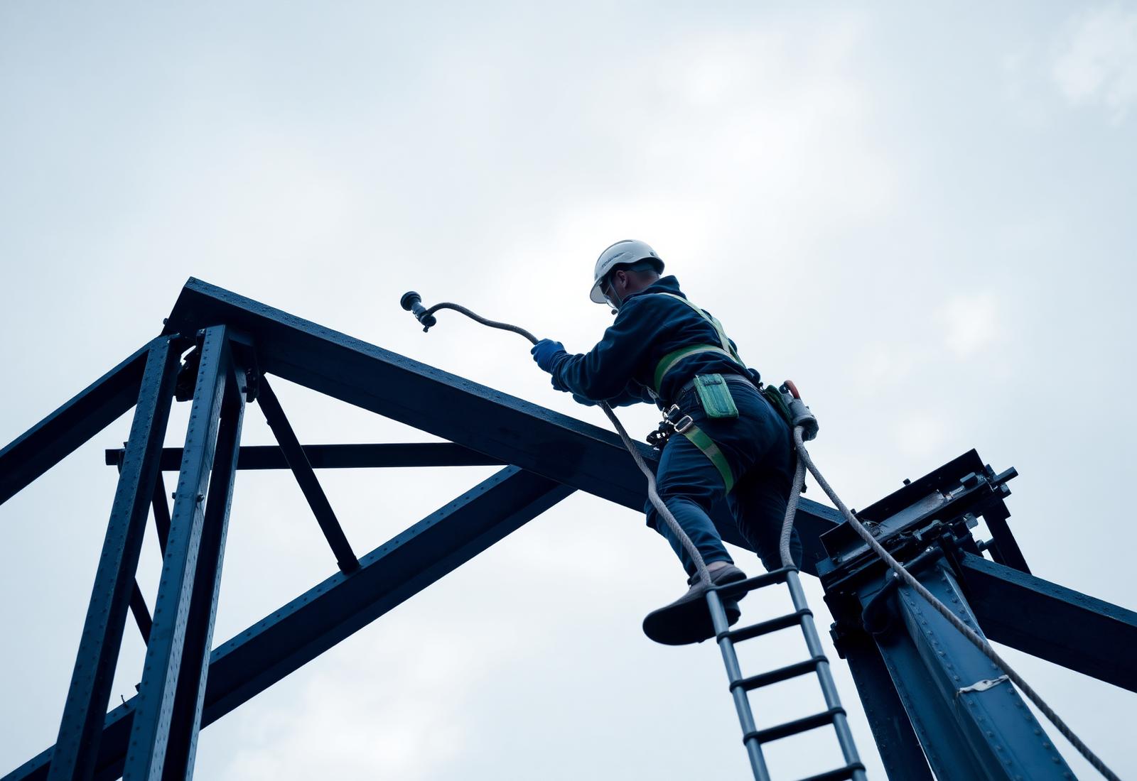 Trabajador con arnés aplicando recubrimiento en una estructura metálica de gran altura