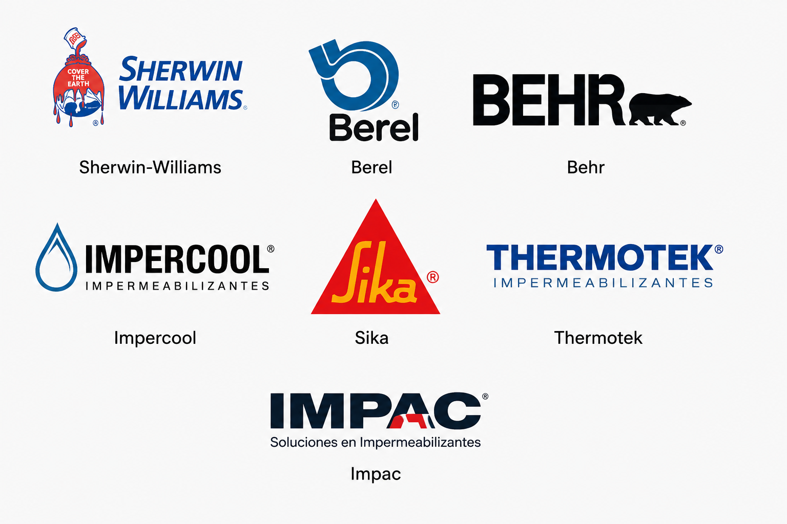 Logotipos de marcas: Sherwin-Williams, Berel, Behr, Impercool, Sika, Thermotek e Impac